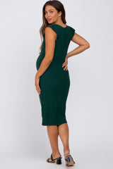 Forest Green Flounce Sleeve Ribbed Maternity Dress