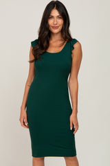 Forest Green Flounce Sleeve Ribbed Maternity Dress