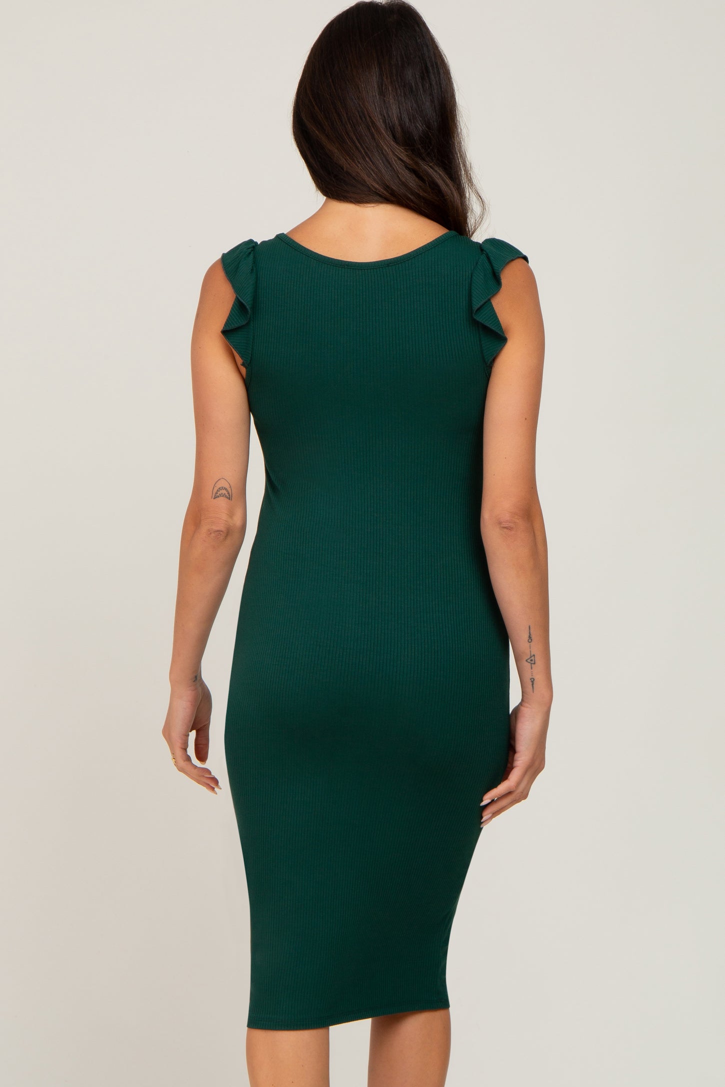 Forest Green Flounce Sleeve Ribbed Dress