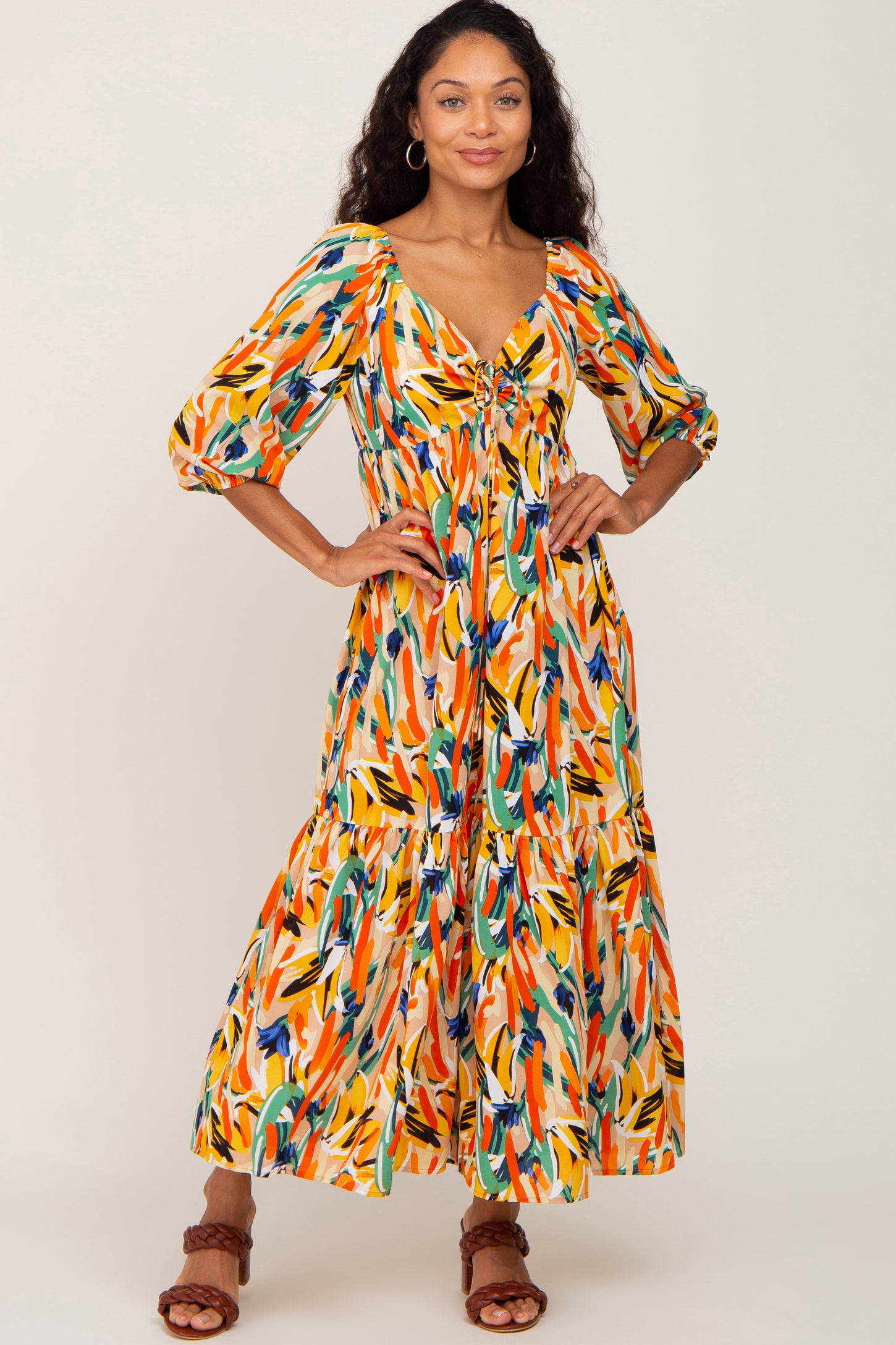 Multi-Color Brush Stroke Sweetheart Neck Midi Dress