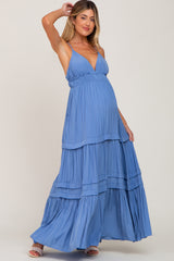 Blue Tiered Crossback Maternity Maxi Dress