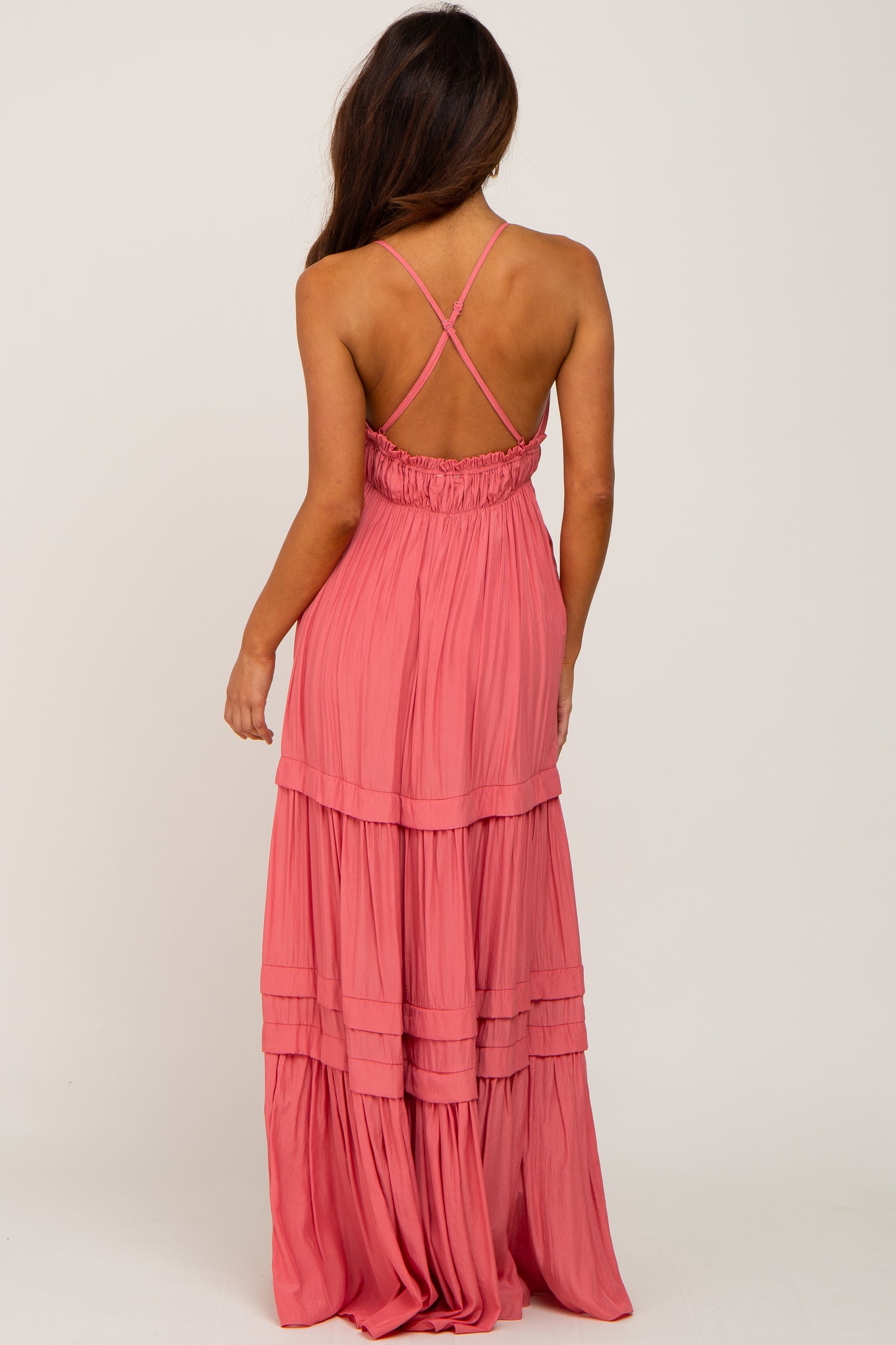 Coral Tiered Crossback Maxi Dress