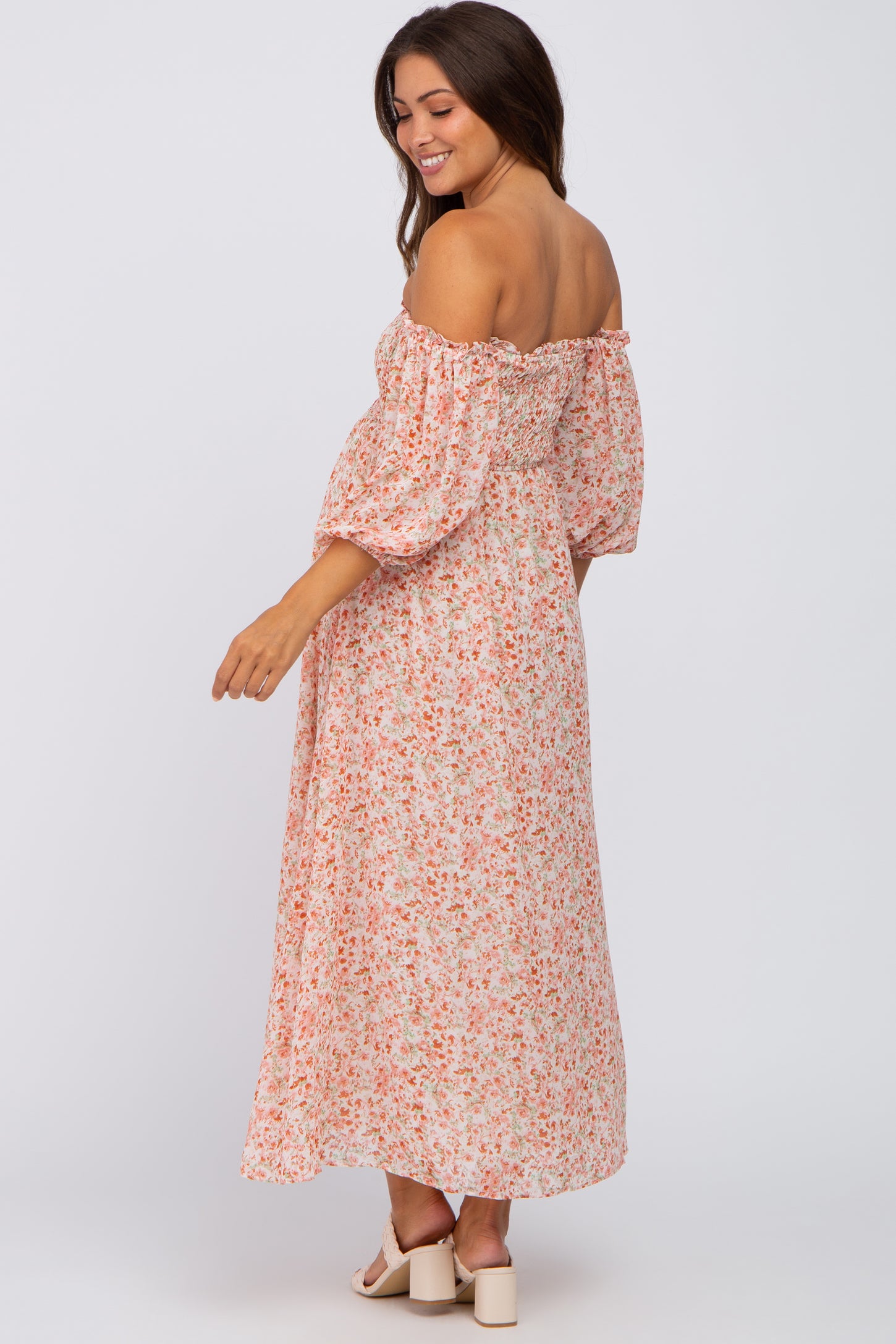 Mauve Floral Chiffon Smocked Off Shoulder Maternity Midi Dress– PinkBlush Mauve Floral Chiffon Smocked Off Shoulder Maternity Midi Dress– PinkBlush