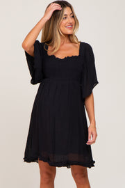 Black Smocked Short Sleeve Maternity Dress