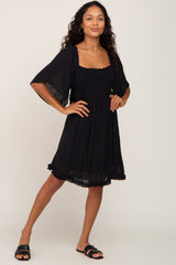 Black Smocked Short Sleeve Dress
