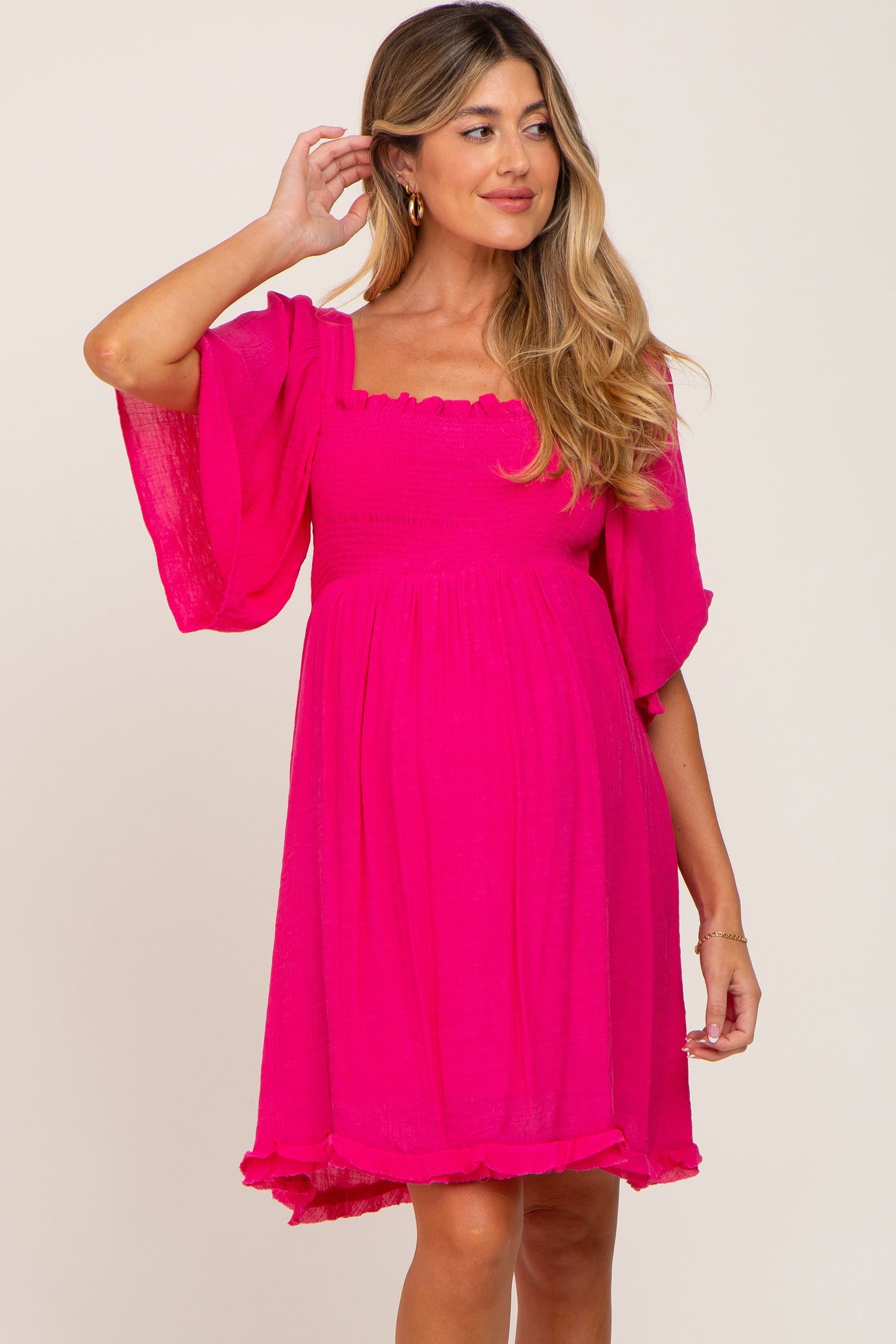 Fuchsia Smocked Short Sleeve Maternity Dress