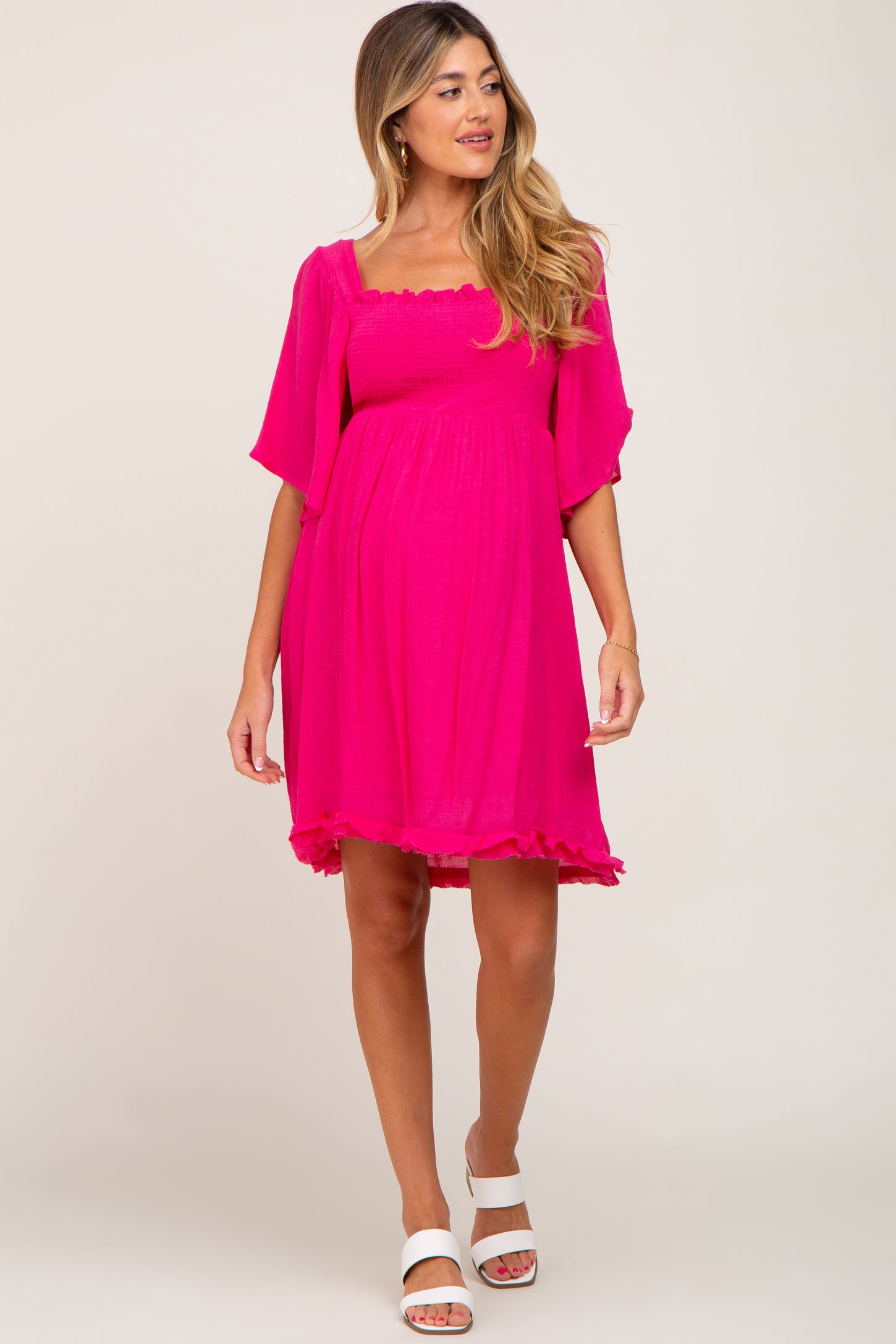 Fuchsia Smocked Short Sleeve Maternity Dress