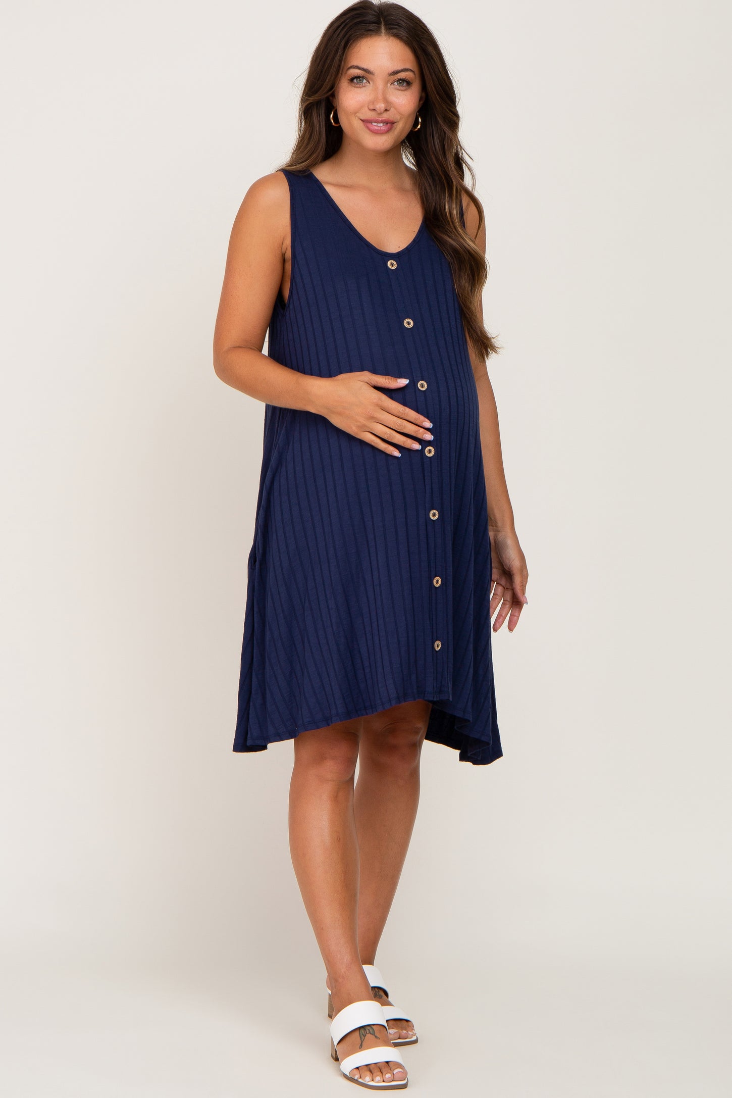 Navy Blue Ribbed Button Front Accent Maternity Dress
