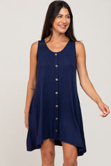Navy Blue Ribbed Button Front Accent Maternity Dress