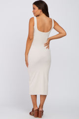 Beige Brushed Ribbed Front Tie Maternity Midi Dress