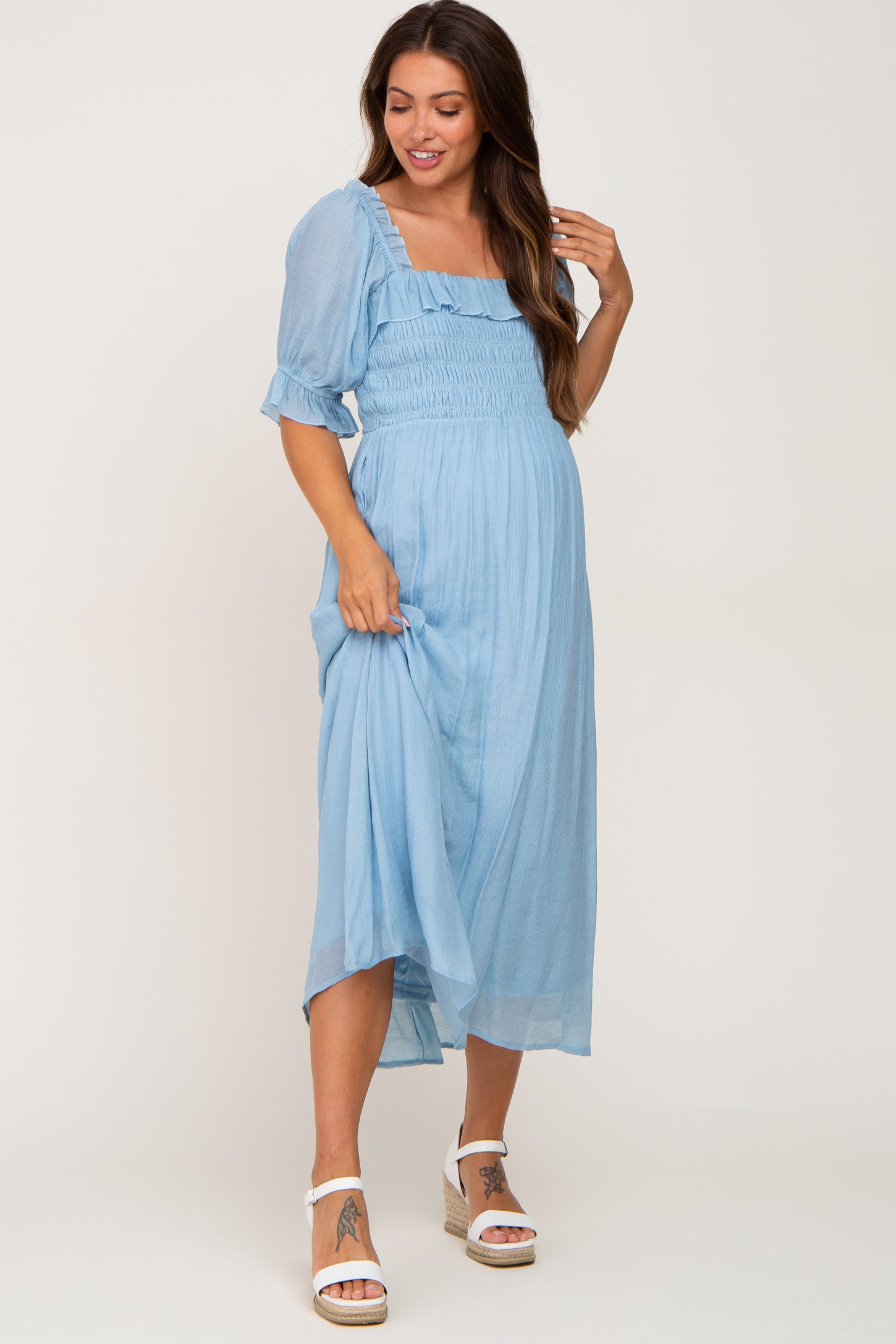 Light Blue Smocked Ruffle Accent Maternity Midi Dress