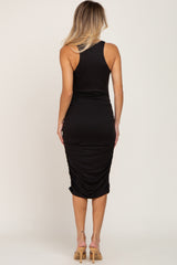 Black Ruched Fitted Midi Dress