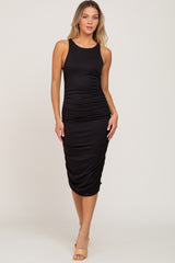 Black Ruched Fitted Midi Dress