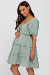 Light Olive Plaid Ruffle Tier Maternity Dress
