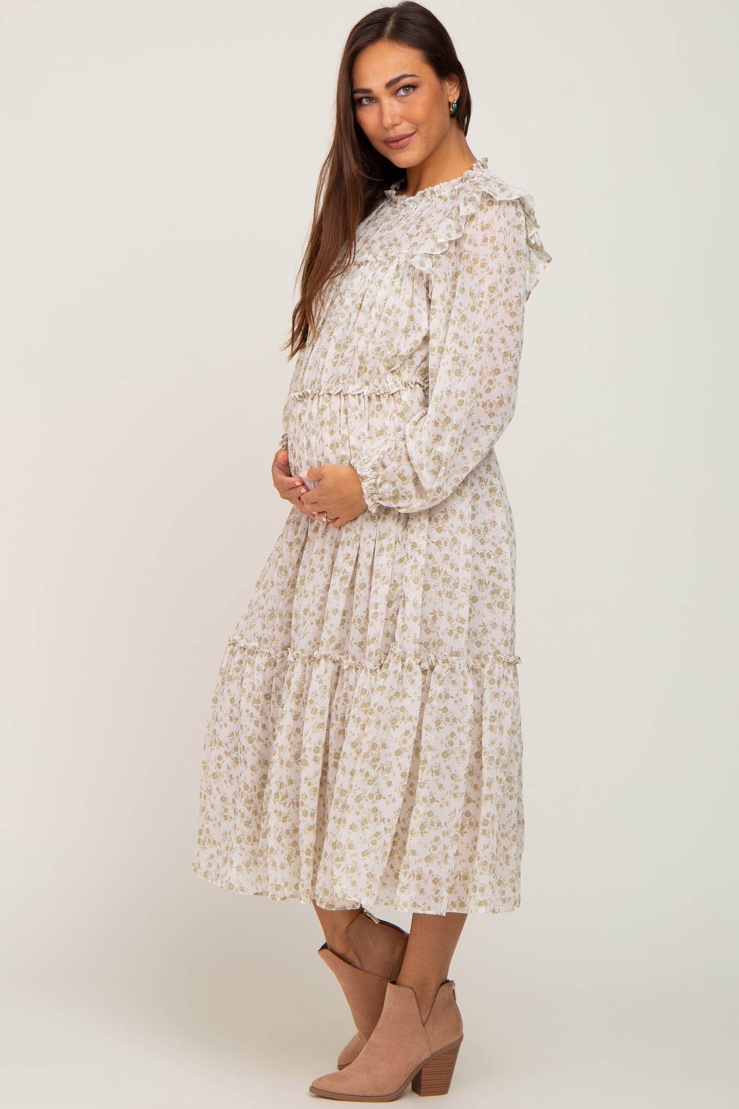 Ivory Floral Chiffon Ruffle Tiered Maternity Midi Dress