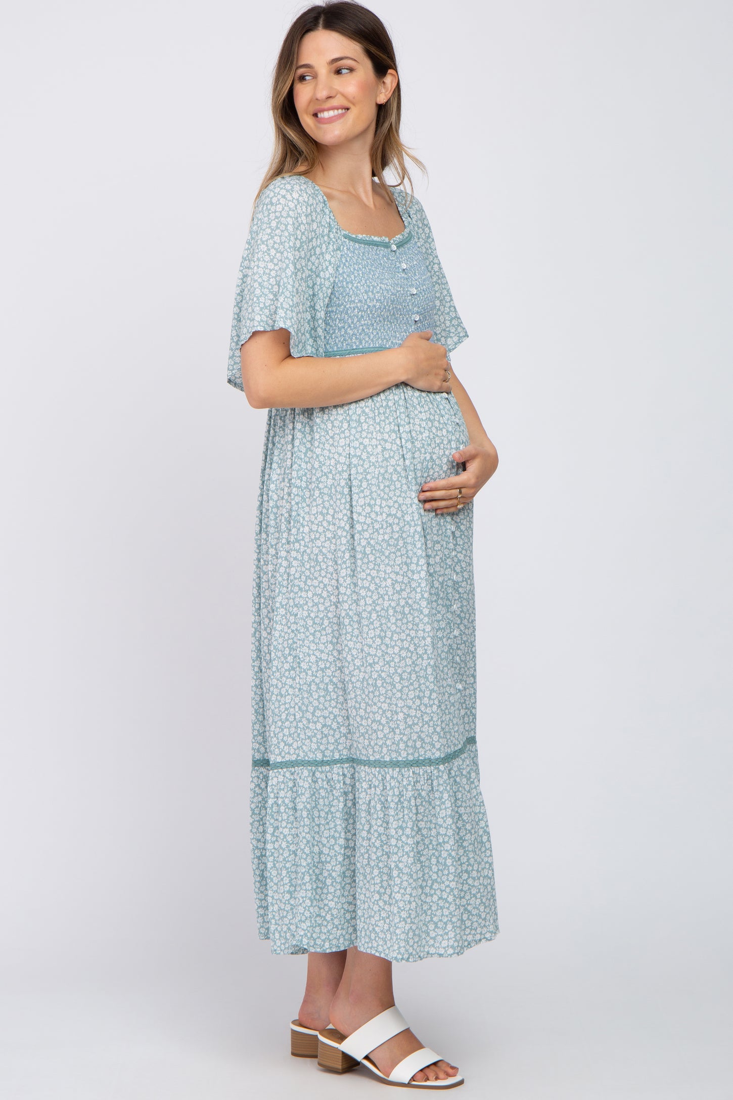 Light Blue Floral Square Neck Smocked Button Front Maternity Midi Dres ...