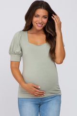 Sage Knit Puff Sleeve Maternity Top
