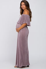 Dark Mauve Ruffle Off Shoulder Maternity Maxi Dress
