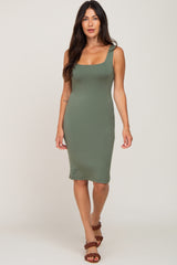 Olive Square Neckline Fitted Dress