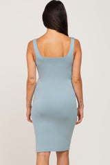 Blue Square Neckline Fitted Dress