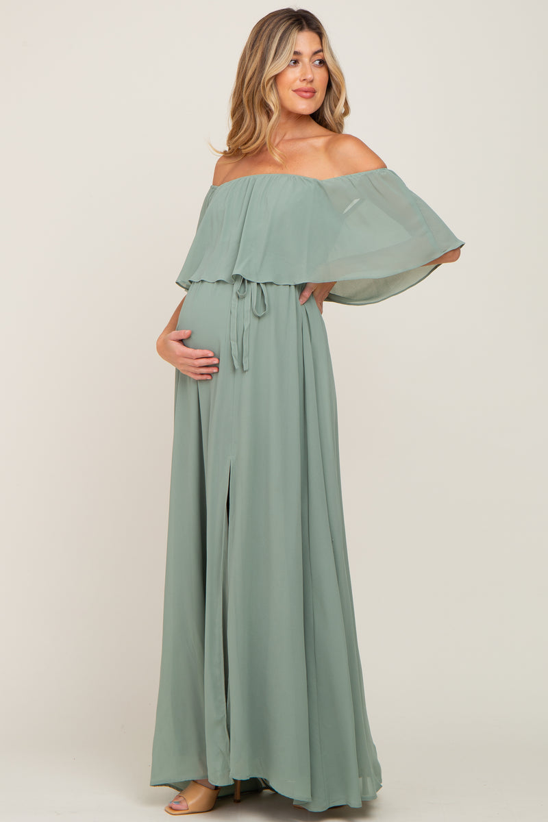 Light Olive Chiffon Off Shoulder Maternity Maxi Dress– PinkBlush