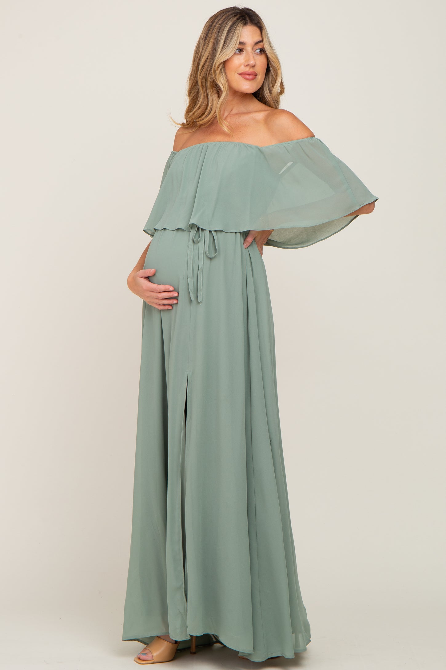 Light Olive Chiffon Off Shoulder Maternity Maxi Dress PinkBlush Light Olive Chiffon Off Shoulder Maternity Maxi Dress PinkBlush