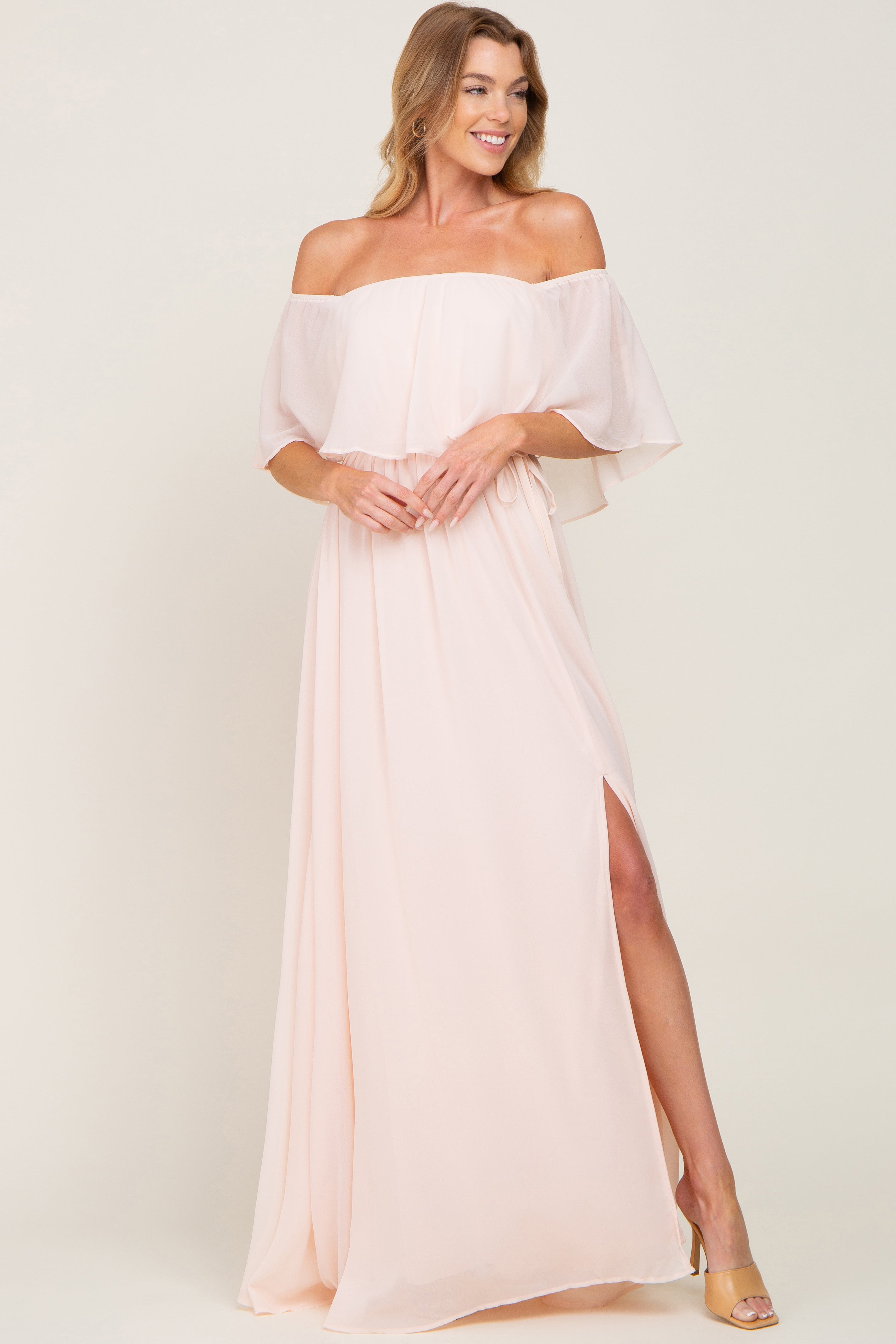 Light Pink Chiffon Off Shoulder Maxi Dress  PinkBlush