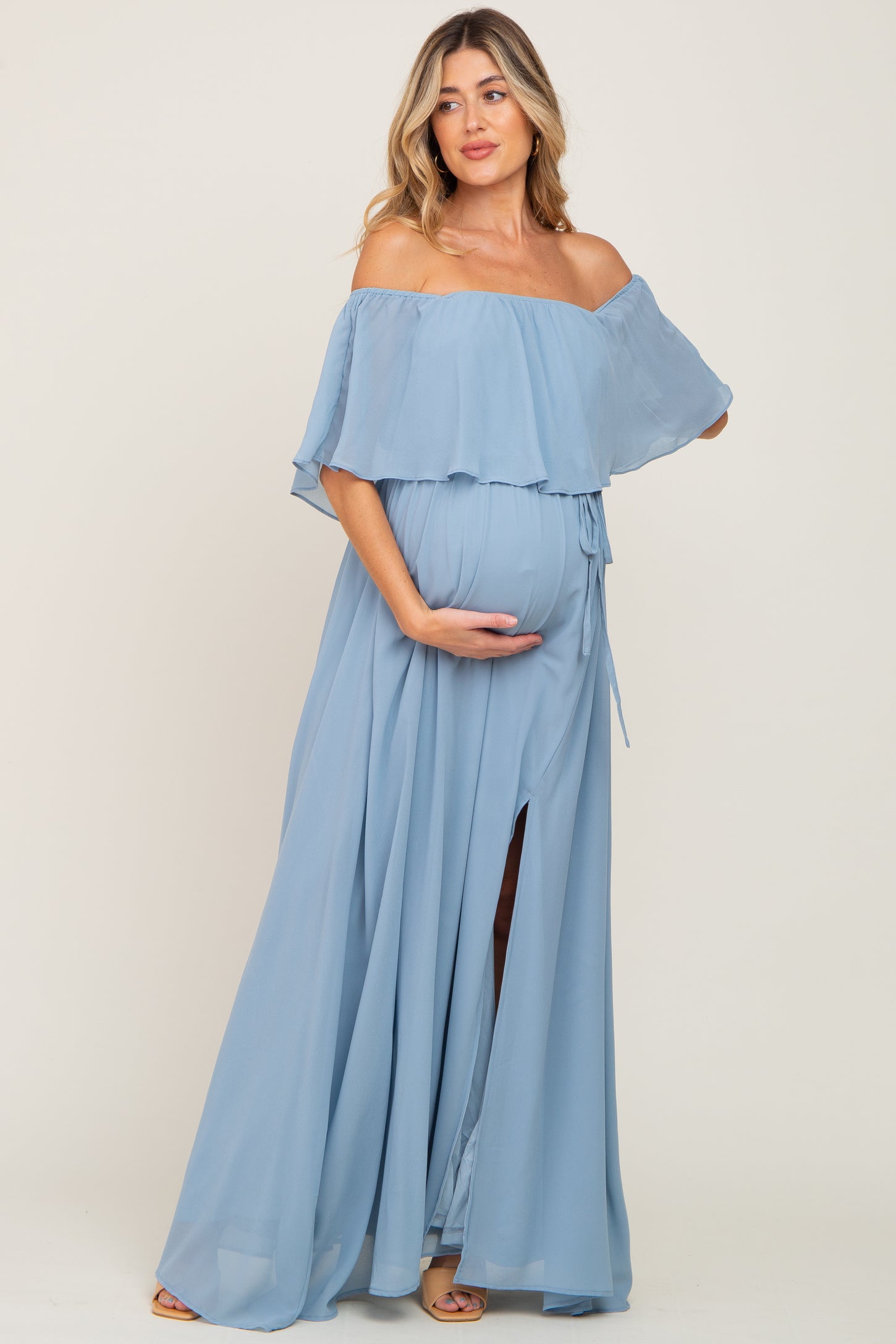 Light Blue Chiffon Off Shoulder Maternity Maxi Dress– PinkBlush