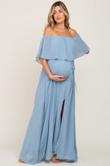 Light Blue Chiffon Off Shoulder Maternity Maxi Dress