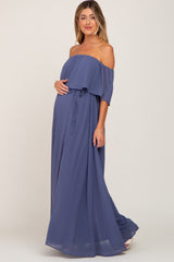 Blue Chiffon Off Shoulder Maternity Maxi Dress
