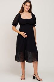Black Swiss Dot Puff Sleeve Maternity Midi Dress