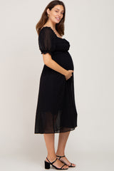 Black Swiss Dot Puff Sleeve Maternity Midi Dress