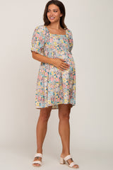 Yellow Floral Square Neck Short Puff Sleeve Maternity Dress