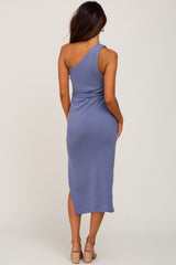 Blue Ribbed One Shoulder Side Slit Midi Dress