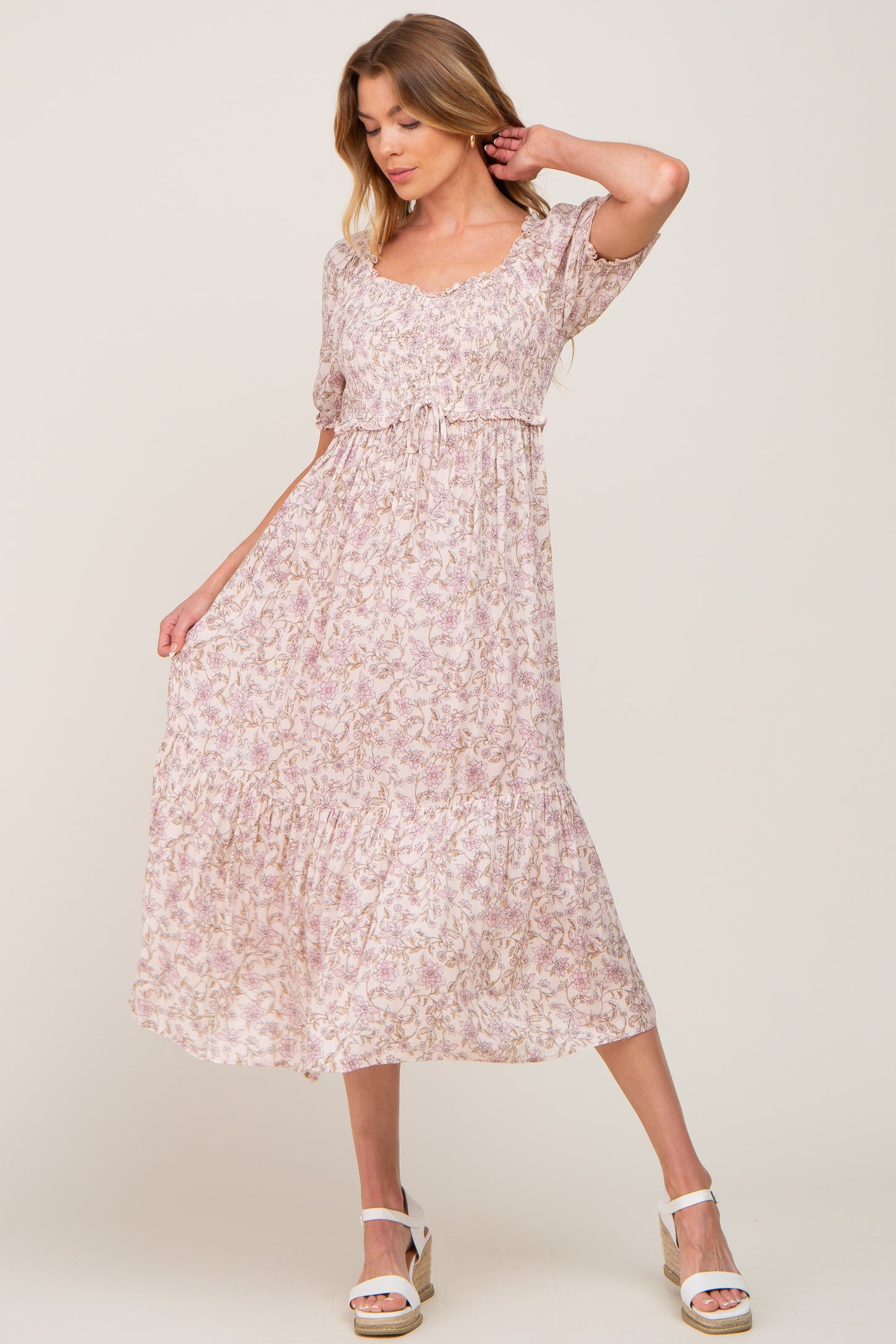 Light Pink Floral Smocked Sweetheart Neck Midi Dress