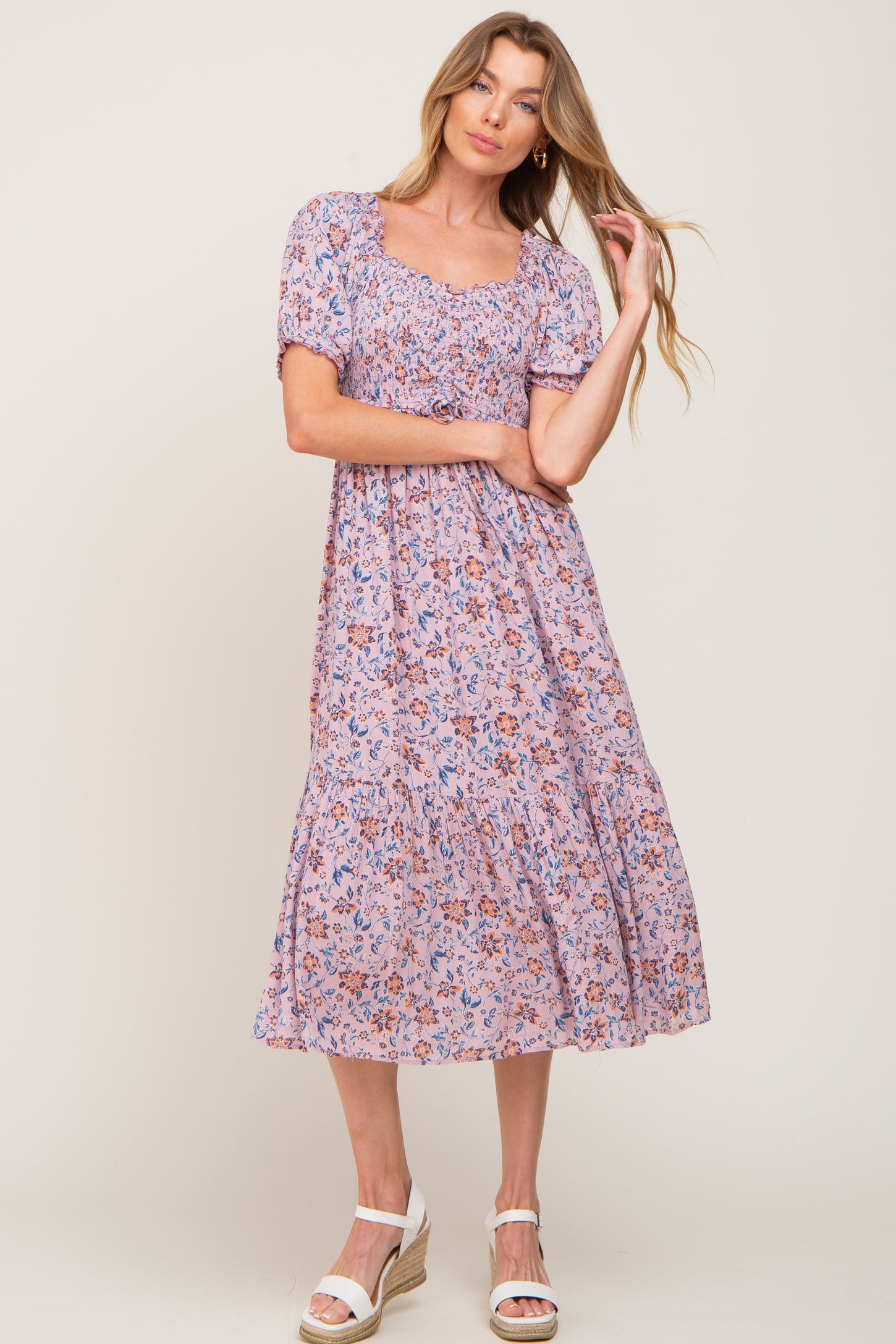 Mauve Floral Smocked Sweetheart Neck Maternity Midi Dress