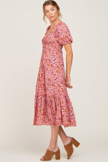 Pink Floral Smocked Midi Dress