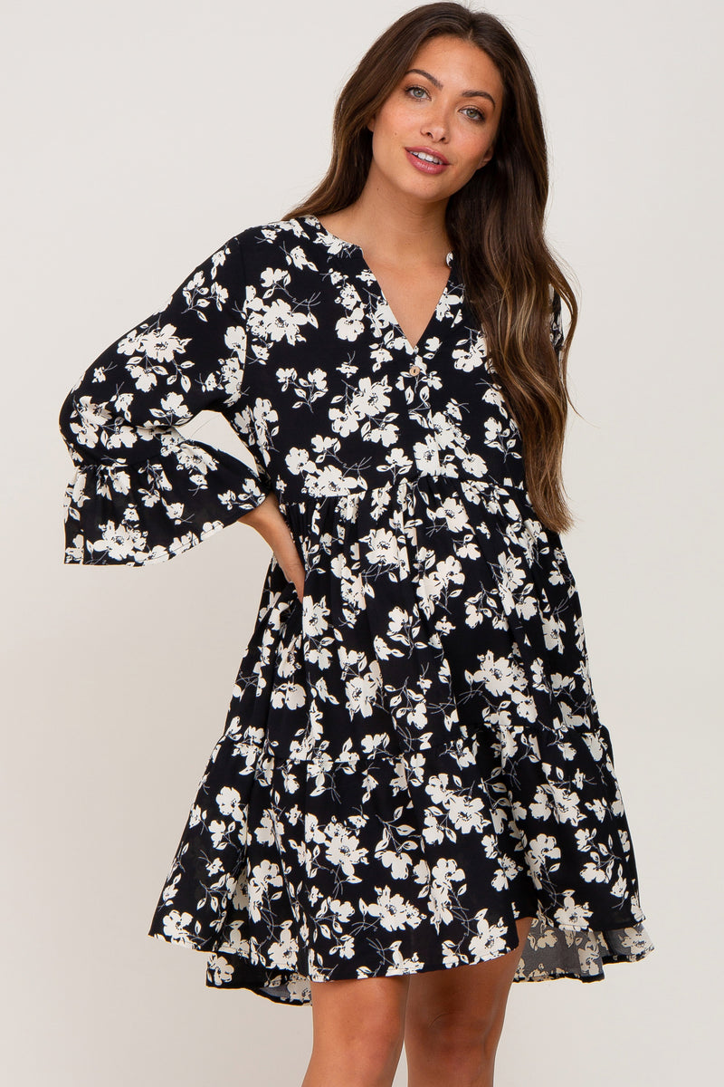 Black Floral Button Front Bell Sleeve Maternity Dress– PinkBlush