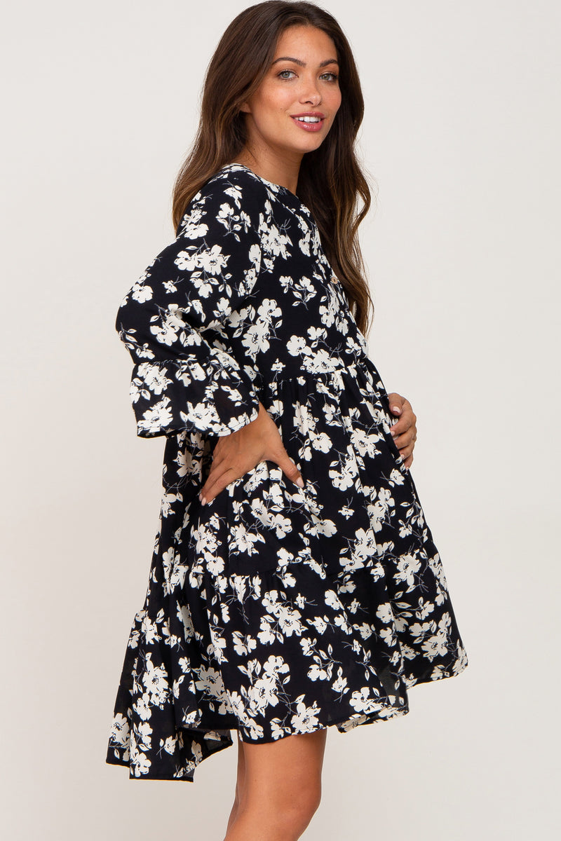 Black Floral Button Front Bell Sleeve Maternity Dress– PinkBlush