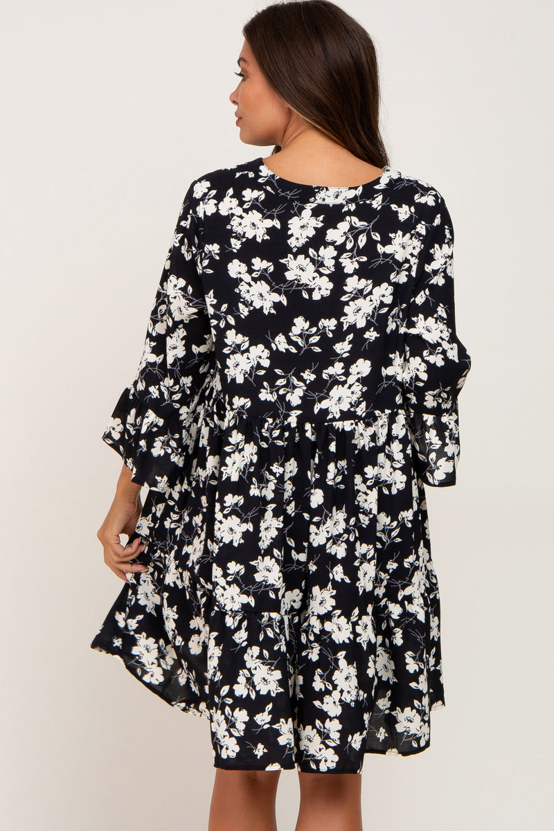 Black Floral Button Front Bell Sleeve Maternity Dress– PinkBlush