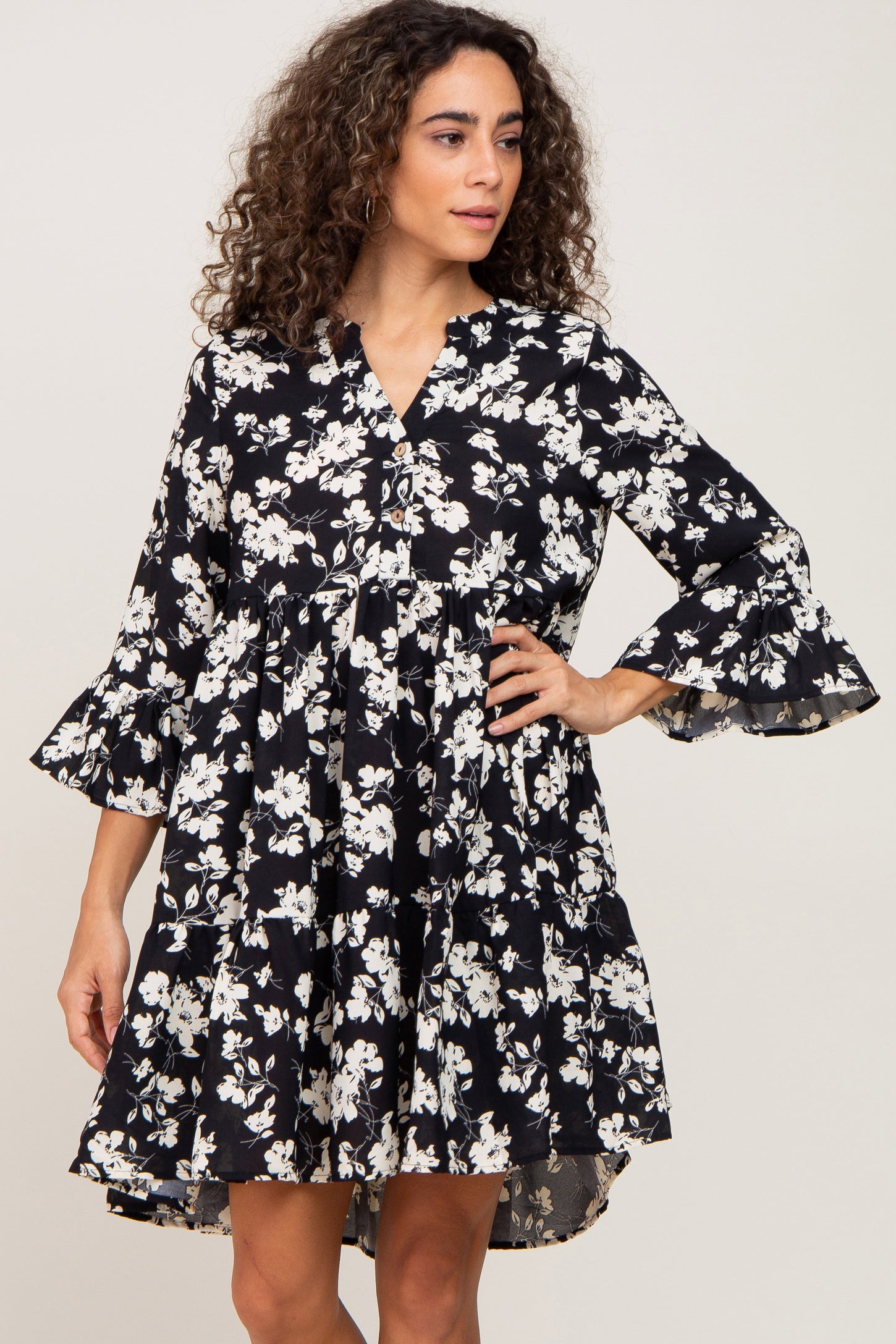 Black Floral Button Front Bell Sleeve Maternity Dress– PinkBlush