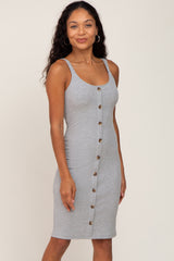 Grey Ribbed Sleeveless Button Front Dress