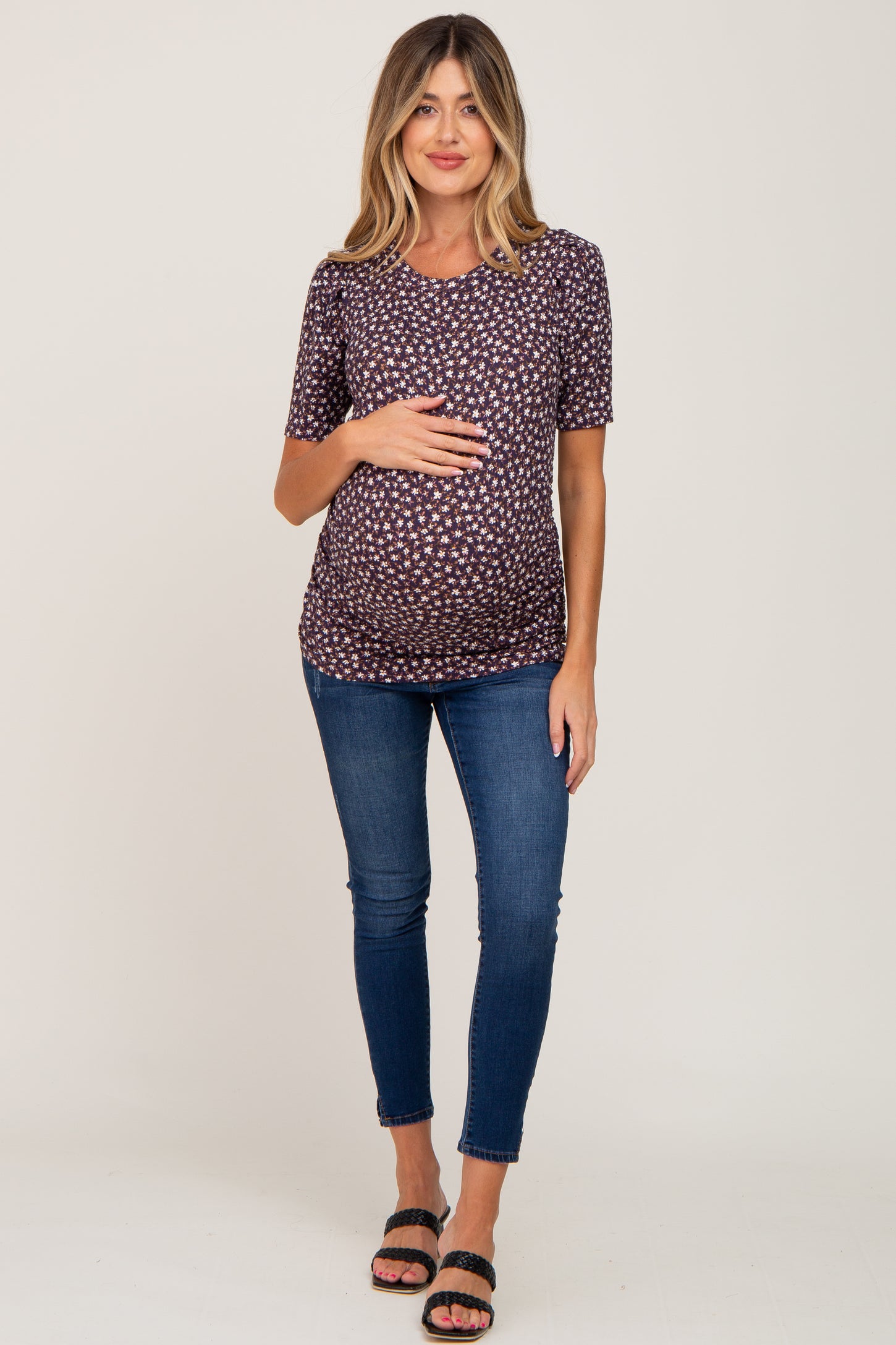 Plum Floral Ribbed Fitted Maternity Top