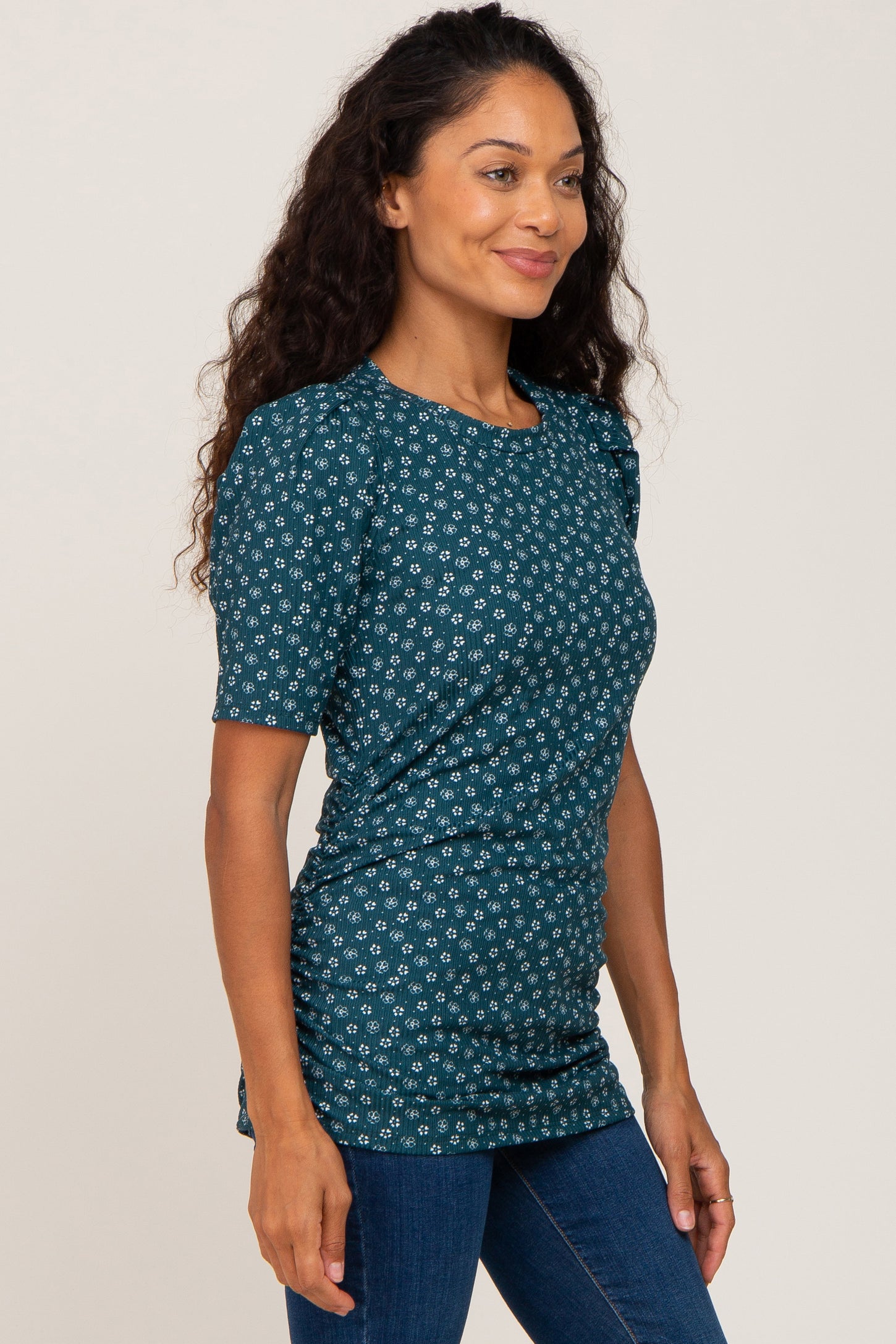 Dark Teal Floral Ribbed Fitted Top