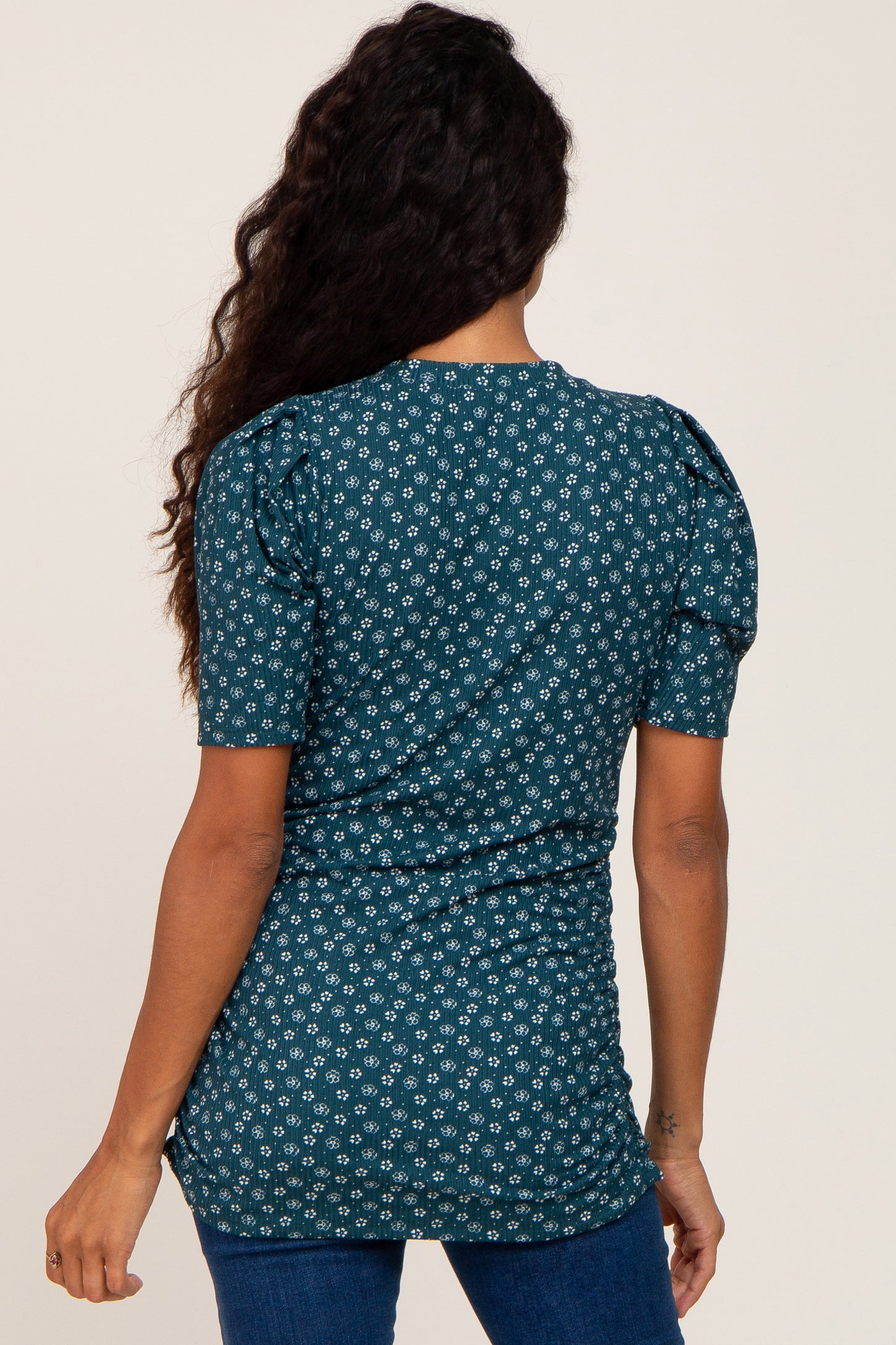 Dark Teal Floral Ribbed Fitted Top