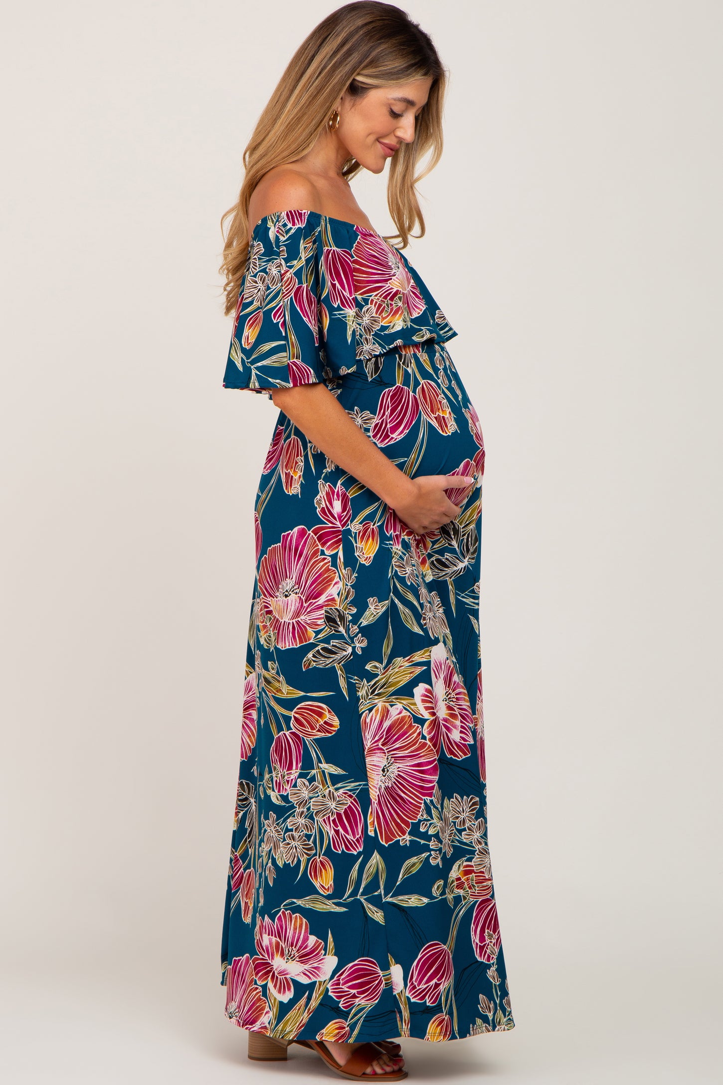 Teal Floral Flounce Off Shoulder Maternity Maxi Dress