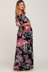 Navy Floral Flounce Off Shoulder Maternity Maxi Dress