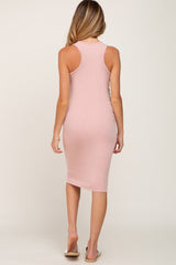 Peach Ribbed Sleeveless Fitted Maternity Dress