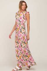 Cream Floral Ruffle Accent Maxi Dress