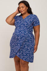 Navy Blue Floral Wrap Front Short Sleeve Maternity Plus Dress